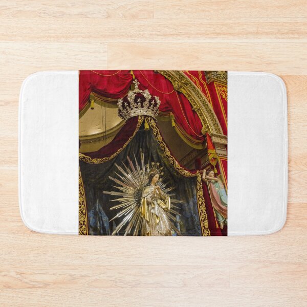 Item preview, Crowned Virgin Mary Statue on Ornate Altar With Angels and Red Drapery in Church Shrine designed and sold by Nmallia.
