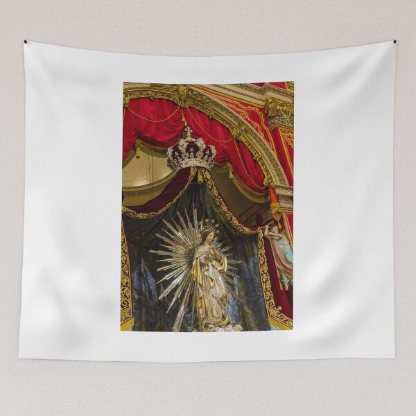 Item preview, Crowned Virgin Mary Statue on Ornate Altar With Angels and Red Drapery in Church Shrine designed and sold by Nmallia.