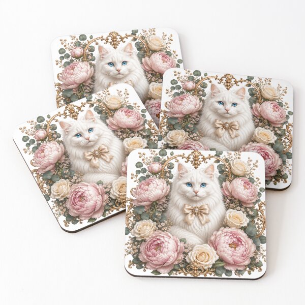Item preview, Elegant White Cat with Pink Peonies & Roses | Vintage Botanical Floral Art designed and sold by MoodLay.
