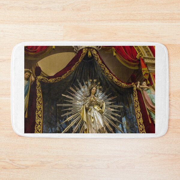 Item preview, Crowned Virgin Mary Statue on Ornate Altar With Angels and Red Drapery in Church Shrine designed and sold by Nmallia.