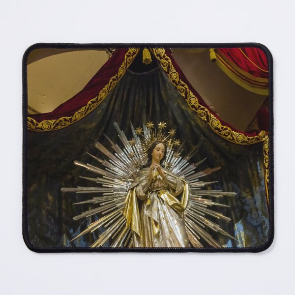 Item preview, Crowned Virgin Mary Statue on Ornate Altar With Angels and Red Drapery in Church Shrine designed and sold by Nmallia.