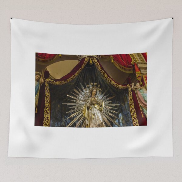 Item preview, Crowned Virgin Mary Statue on Ornate Altar With Angels and Red Drapery in Church Shrine designed and sold by Nmallia.