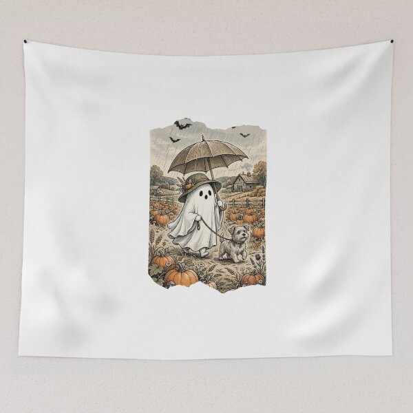 Item preview, Cute Ghost Walking Dog in Pumpkin Patch Fall Rain designed and sold by Neurospicy Trolls.