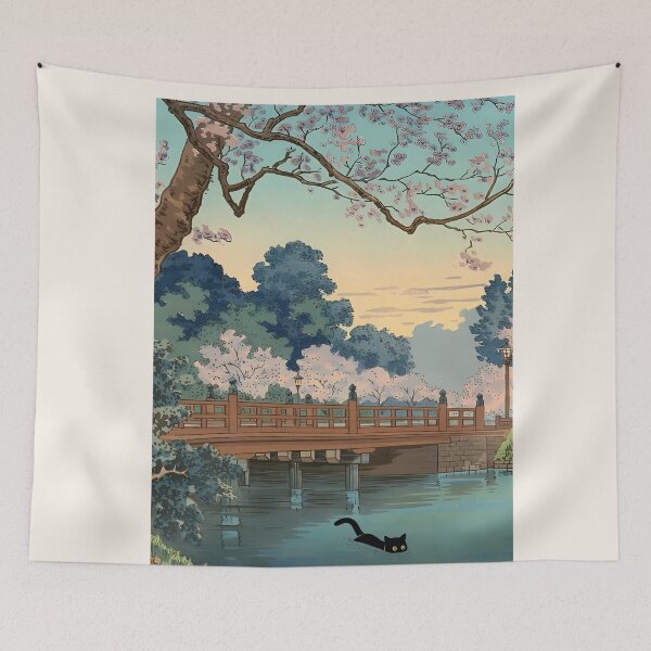 Item preview, Ukiyo-e Black Cat Swimming by Sakura Bridge designed and sold by PurrfectHome.
