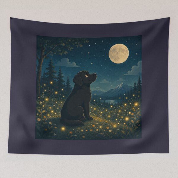 Item preview, e Great Moon – Black Labrador Beneath a Giant Full Moon | Cozy Fantasy Nature Illustration designed and sold by Goodthingstree.