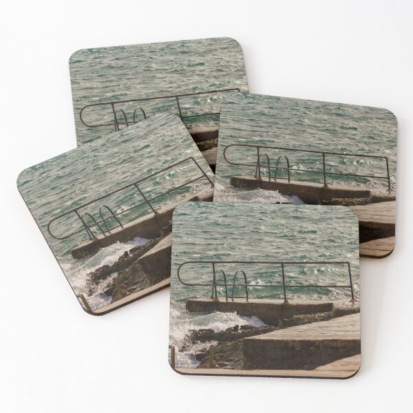 Item preview, Rusty Handrail And Concrete Pier With Ladder Beside Choppy Sea Waves At Coastline designed and sold by Nmallia.
