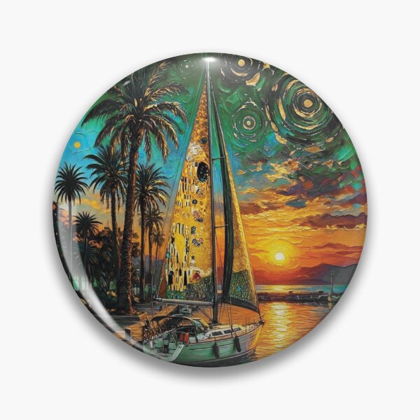 Item preview, Sailboat at Golden Sunset Marina in Impasto Oil Style 2 designed and sold by Lucia Amaris Art.