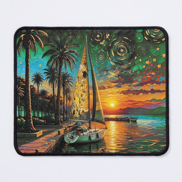 Item preview, Sailboat at Golden Sunset Marina in Impasto Oil Style 2 designed and sold by Lucia Amaris Art.