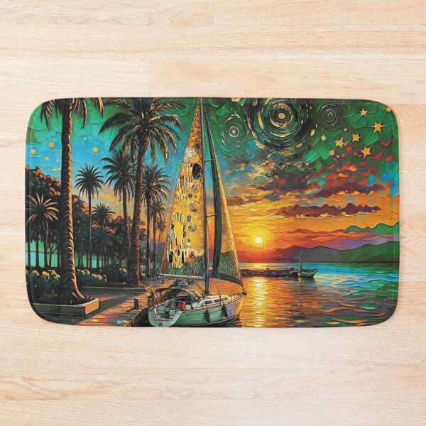Item preview, Sailboat at Golden Sunset Marina in Impasto Oil Style 2 designed and sold by Lucia Amaris Art.