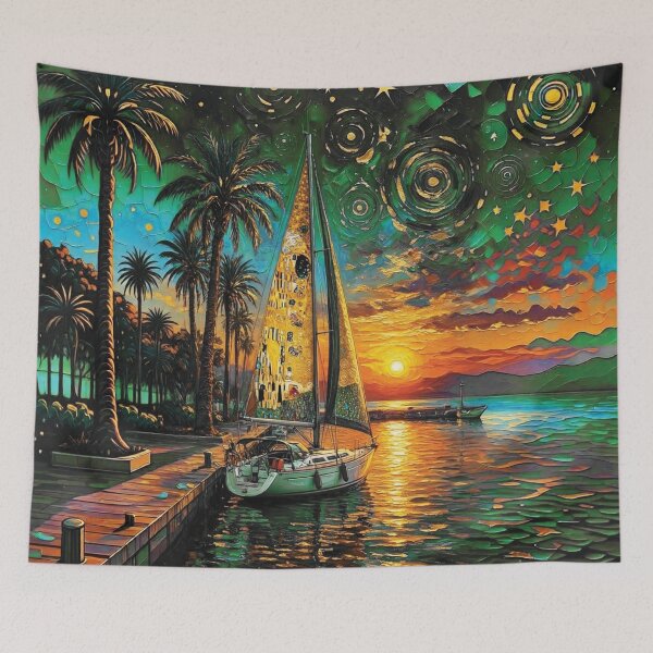 Item preview, Sailboat at Golden Sunset Marina in Impasto Oil Style 2 designed and sold by Lucia Amaris Art.