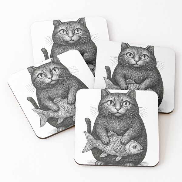 Item preview, Vintage Woodcut Cat Holding Fish - Black and White Linocut Art designed and sold by infinitearte.