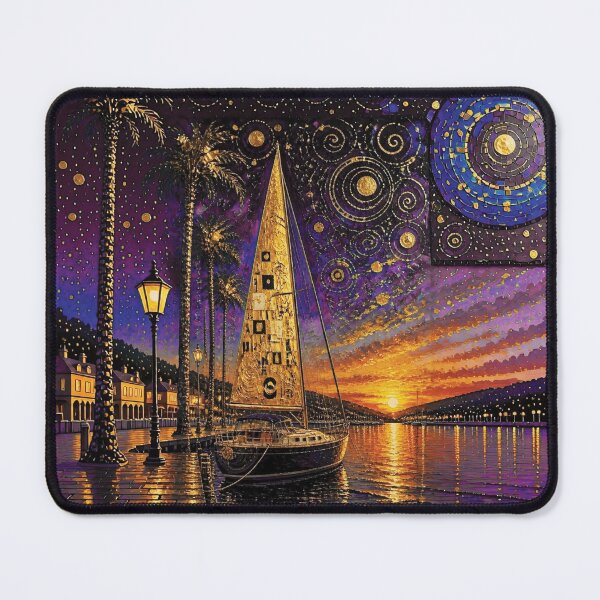Item preview, Sailboat at Golden Sunset Marina in Impasto Oil Style 3 designed and sold by Lucia Amaris Art.