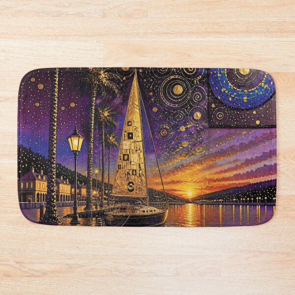 Item preview, Sailboat at Golden Sunset Marina in Impasto Oil Style 3 designed and sold by Lucia Amaris Art.