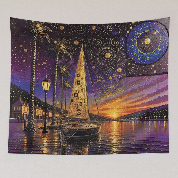 Item preview, Sailboat at Golden Sunset Marina in Impasto Oil Style 3 designed and sold by Lucia Amaris Art.
