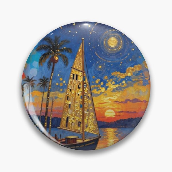Item preview, Sailboat at Golden Sunset Marina in Impasto Oil Style 1 designed and sold by Lucia Amaris Art.