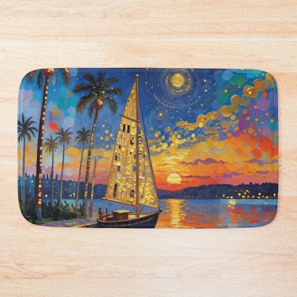 Item preview, Sailboat at Golden Sunset Marina in Impasto Oil Style 1 designed and sold by Lucia Amaris Art.