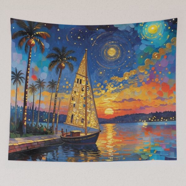 Item preview, Sailboat at Golden Sunset Marina in Impasto Oil Style 1 designed and sold by Lucia Amaris Art.