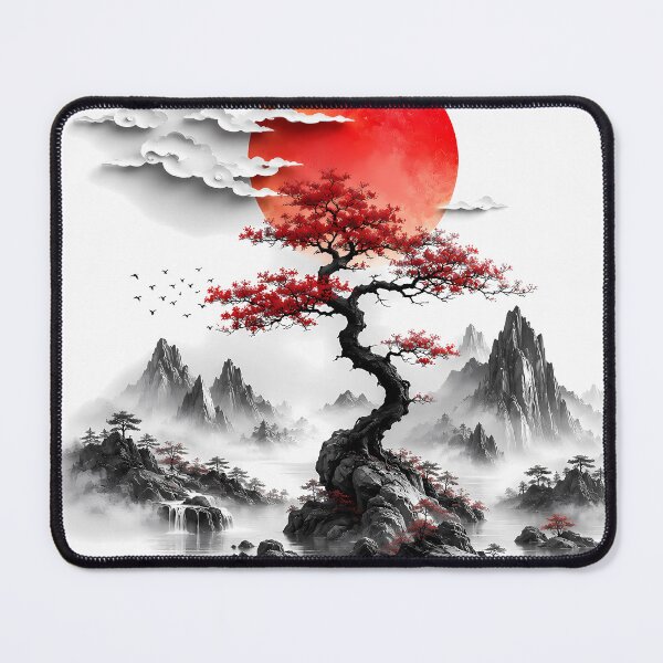 Item preview, Japanese Red Sun and Bonsai Tree Landscape Art designed and sold by FutureGarb.