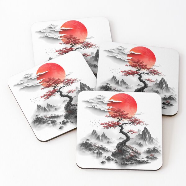 Item preview, Japanese Red Sun and Bonsai Tree Landscape Art designed and sold by FutureGarb.