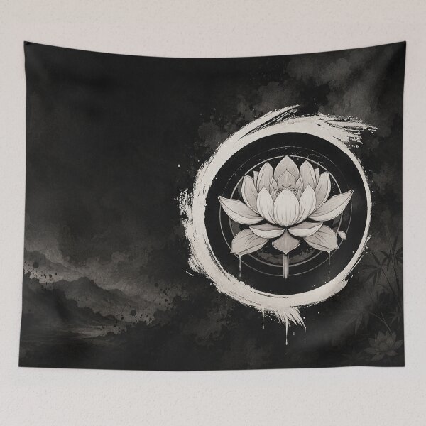 Item preview, Monochrome Zen Lotus | Japanese Ink Circle Floral Wall Art designed and sold by Fei Long Design Hub.