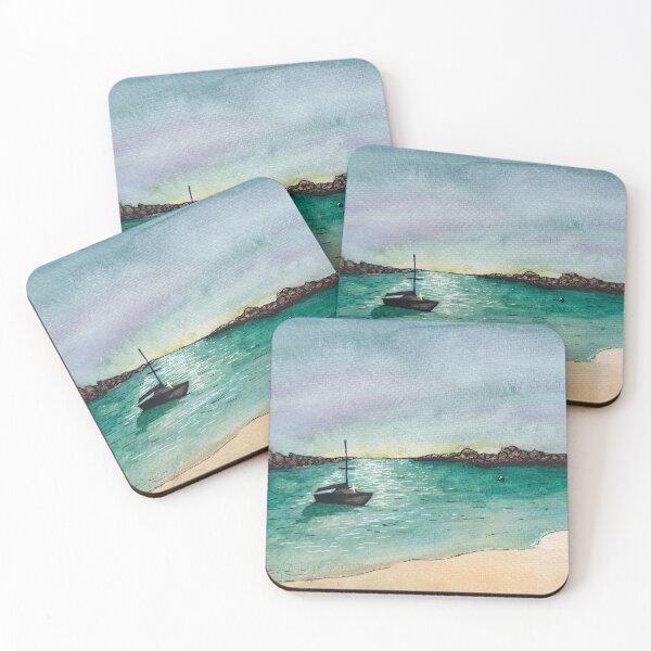 Item preview, Cape Cod Sailboat at Dusk Watercolor Cove Beach Landscape designed and sold by Bonnie Kittle.