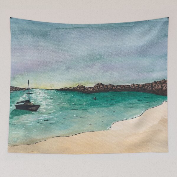 Item preview, Cape Cod Sailboat at Dusk Watercolor Cove Beach Landscape designed and sold by Bonnie Kittle.