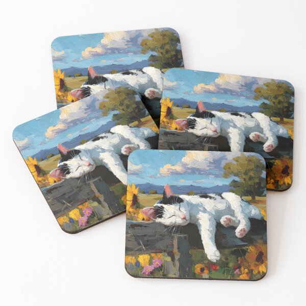 Item preview, Dreamy Cat in Sunflower Field – Peaceful Impressionist Art Print designed and sold by Psycho-Crazy.