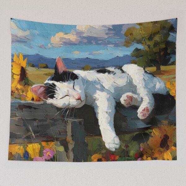 Item preview, Dreamy Cat in Sunflower Field – Peaceful Impressionist Art Print designed and sold by Psycho-Crazy.