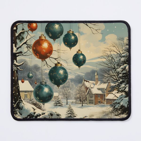 Item preview, Snowy Christmas Village with Teal and Orange Ornaments designed and sold by GutyzDesignsES.