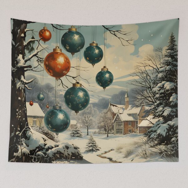Item preview, Snowy Christmas Village with Teal and Orange Ornaments designed and sold by GutyzDesignsES.