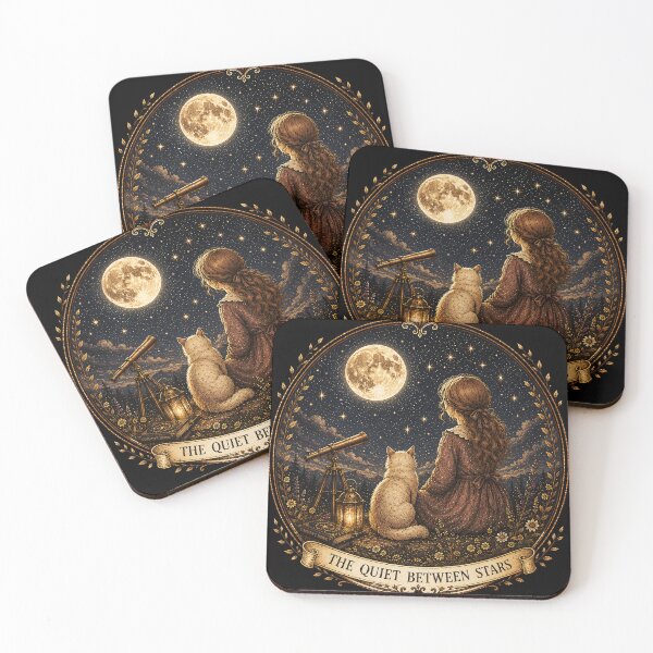 Item preview, The Quiet Between Stars – Girl and cat stargazing designed and sold by thirtyonestars.