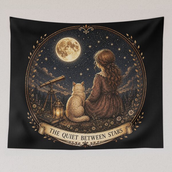 Item preview, The Quiet Between Stars – Girl and cat stargazing designed and sold by thirtyonestars.