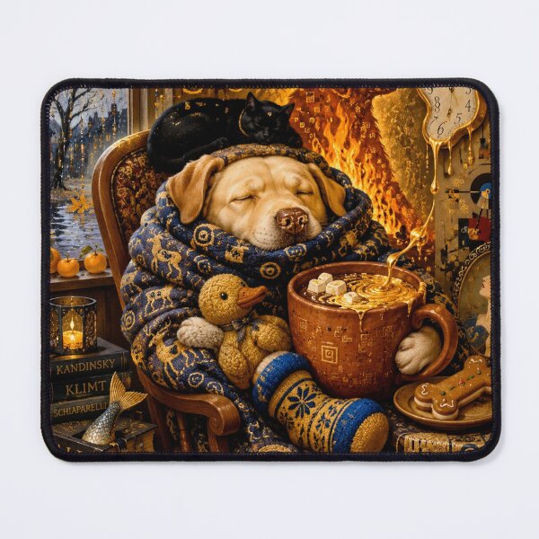 Item preview, Cozy Moment: Golden Labrador and Hot Chocolate by the Fire designed and sold by Natalia-Vlad.