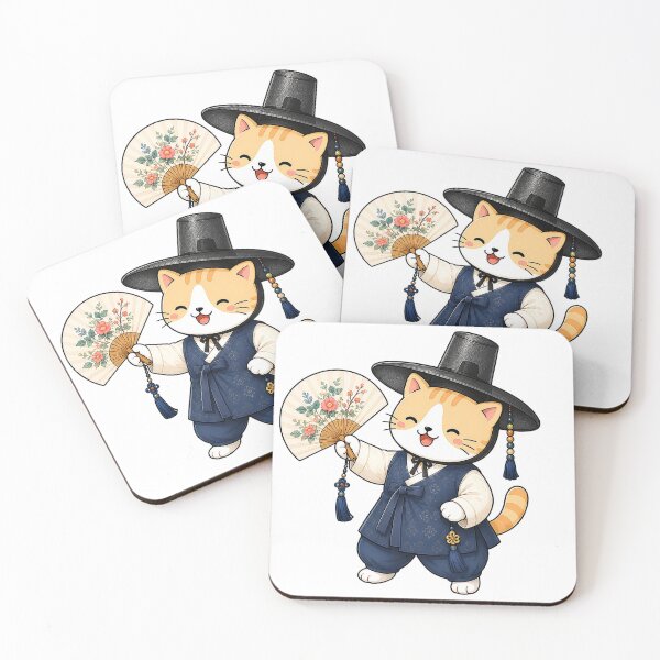 Item preview, Cute Korean Traditional Hanbok Cat Holding Oriental Flower Folding Fan Illustration designed and sold by NoopnyangStudio.