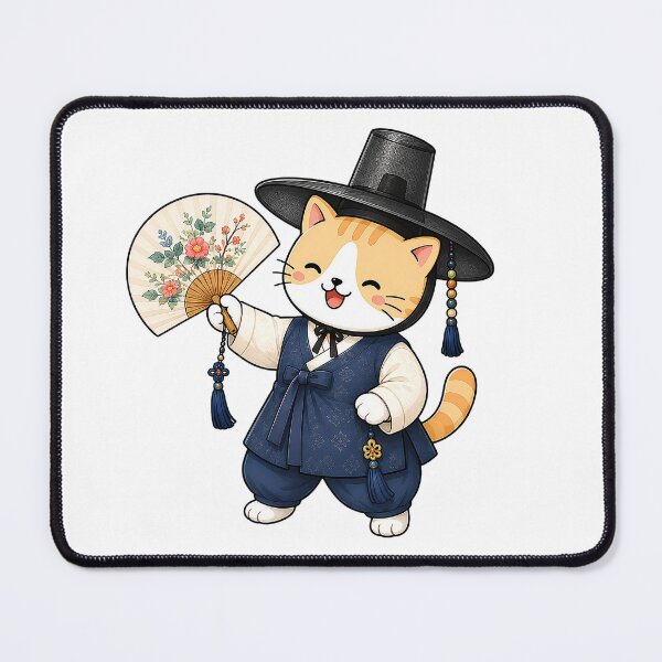 Item preview, Cute Korean Traditional Hanbok Cat Holding Oriental Flower Folding Fan Illustration designed and sold by NoopnyangStudio.