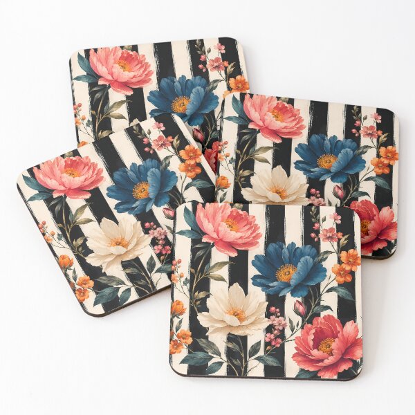 Item preview, Colorful Floral Wall Art on Black and White Stripes | Modern Botanical  designed and sold by Ophira Bloom.