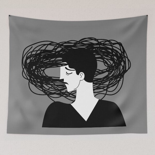 Item preview, man with a tangled web of thoughts surrounding his head designed and sold by matintheworld ( delcarmat ).