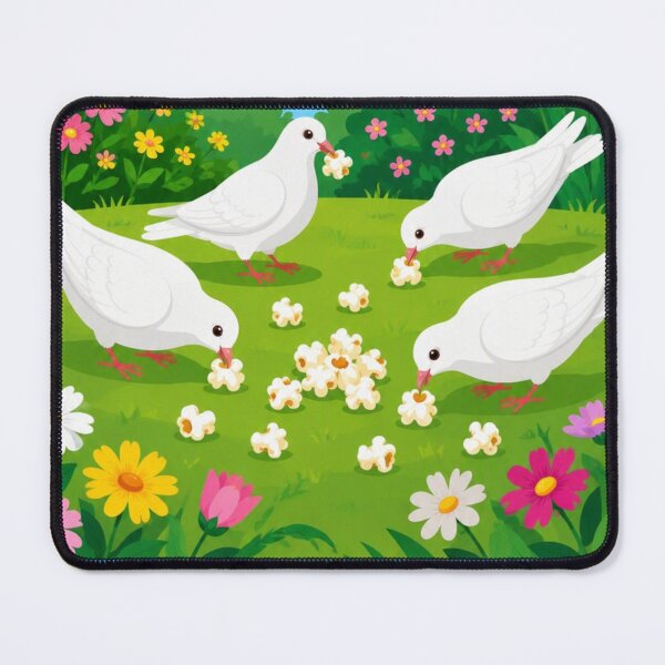 Item preview, White pigeons eating popcorn in a garden designed and sold by Ciervo Primavera.