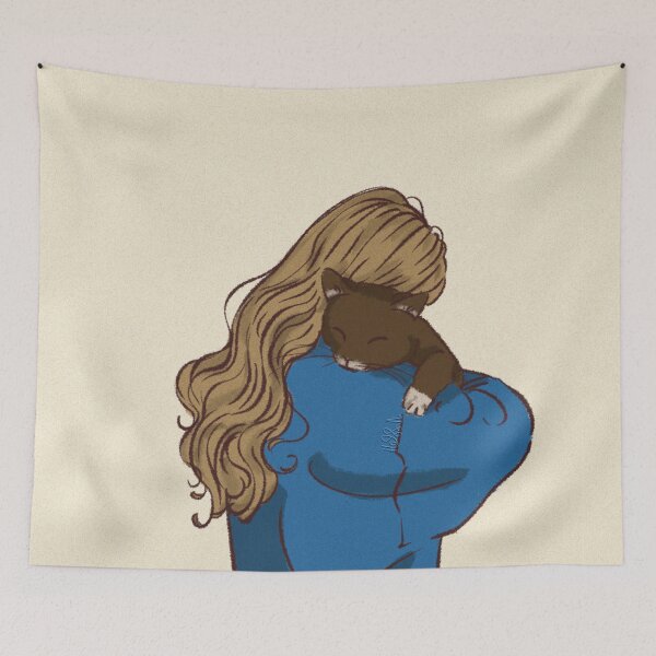 Item preview, Woman in a long sleeve blue shirt holding her cute cat  designed and sold by Hessah-HA.