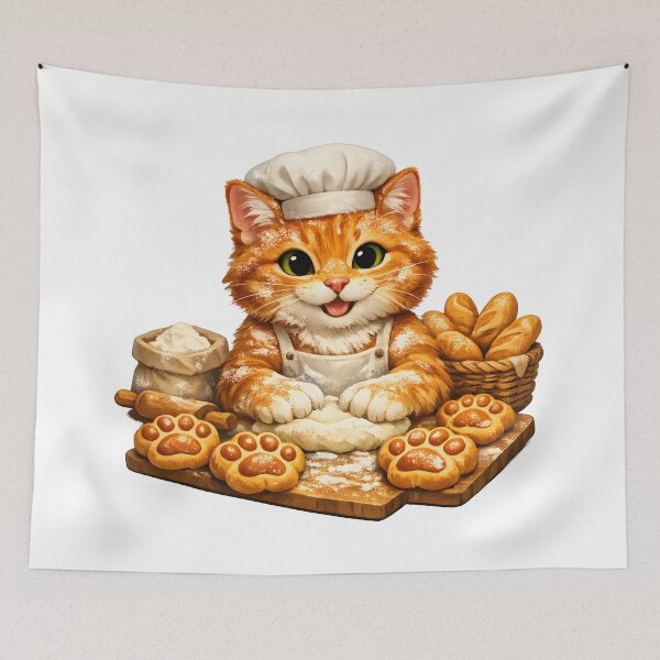 Item preview, Orange Cat Baker Making Paw Bread | Cute Artisan Bakery Illustration designed and sold by builtforyou.