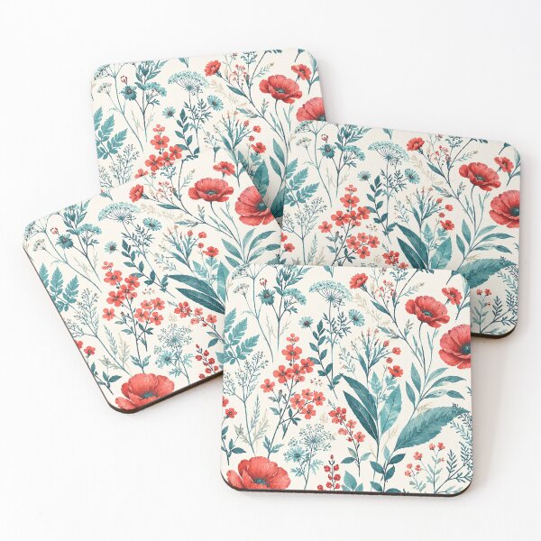 Item preview, Watercolor Wildflowers Teal and Red Floral Pattern designed and sold by SassyArtistry.