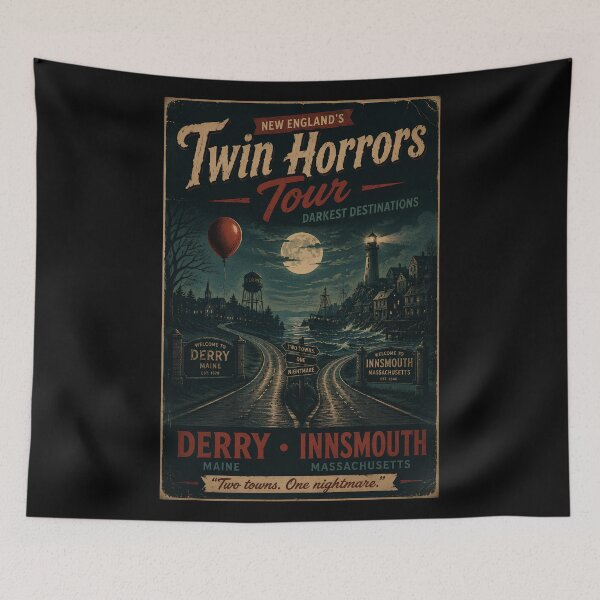 Item preview, Twin Horrors Tour | Derry & Innsmouth Vintage Horror Travel Poster | Gothic New England Road Trip | Retro Horror T-Shirt designed and sold by Extravanganzza.