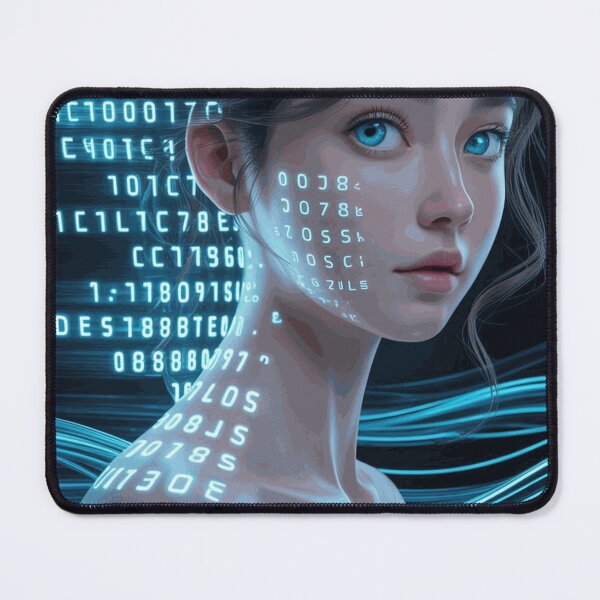 Item preview, Futuristic Cyber Woman Surrounded by Glowing Blue Digital Code and Data Streams designed and sold by OrinLangford.