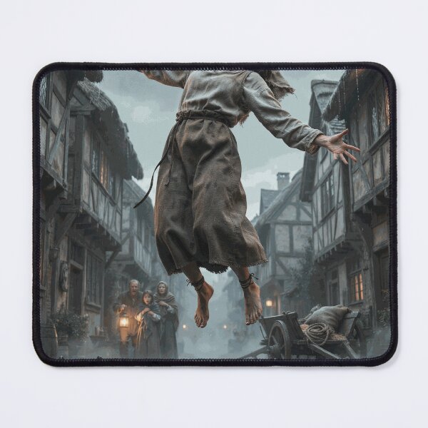 Item preview, Mysterious Woman Leviting Above a Rainy Medieval Village in a Dark Fantasy Scene designed and sold by OrinLangford.