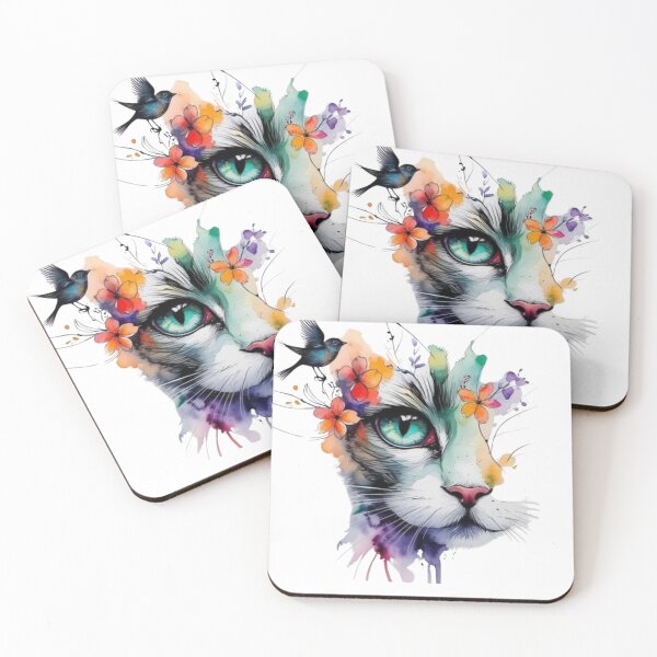 Item preview, Mystical Watercolor Cat with Wildflowers & Hummingbirds  Colorful Artistic Cat  designed and sold by yanderedev.