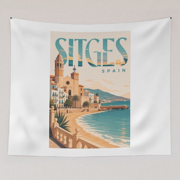 Item preview, Sitges Spain Mediterranean Seaside with Historic Church and Coastline designed and sold by Aryabek.
