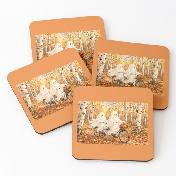 Item preview, Ghosts on a Tandem Bike Through the Autumn Birch Forest | Cozy Watercolor Halloween Art designed and sold by Novel Works Studio.