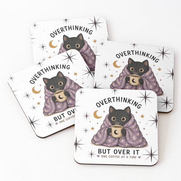 Item preview, Overthinking But Over It, One Coffee at a Time – Cute Black Cat Coffee Lover Cozy Kawaii Design designed and sold by 1234saad.