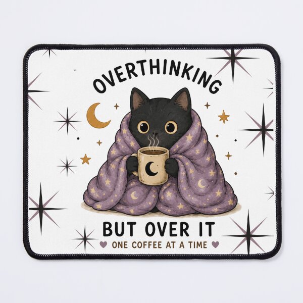 Item preview, Overthinking But Over It, One Coffee at a Time – Cute Black Cat Coffee Lover Cozy Kawaii Design designed and sold by 1234saad.