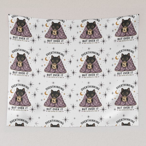 Item preview, Overthinking But Over It, One Coffee at a Time – Cute Black Cat Coffee Lover Cozy Kawaii Design designed and sold by 1234saad.